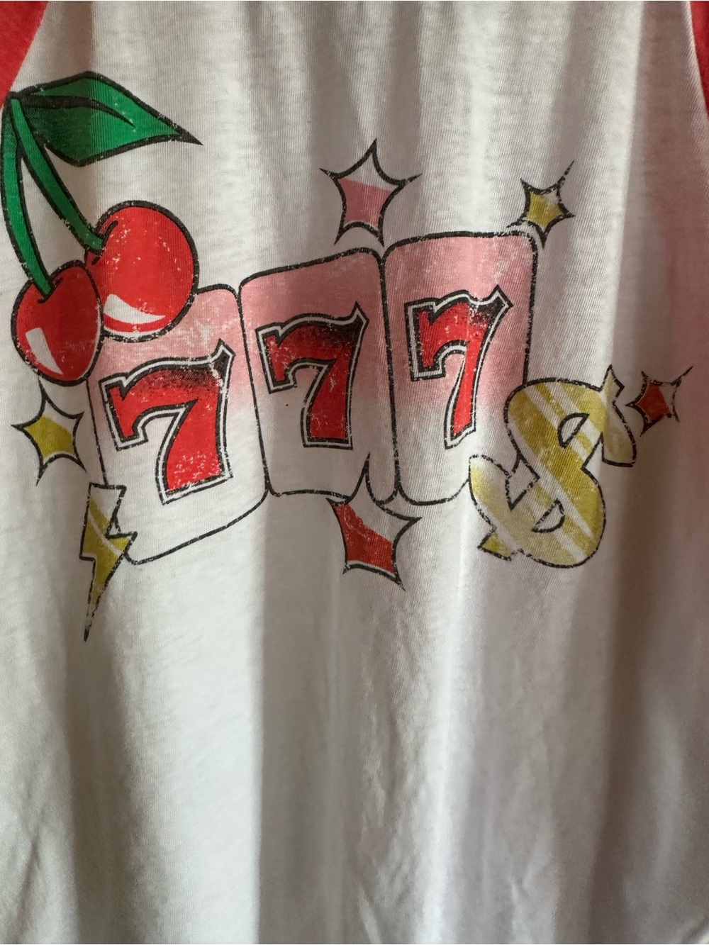 Chaser White Tee with Red Raglan Sleeves and Multi-Color Casino Graphic